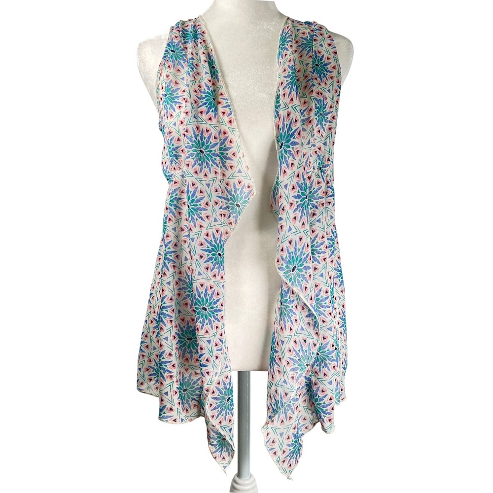 One Step Up Size M Geometric Kaleidoscope Print Sheer Open Vest Teal Y2K